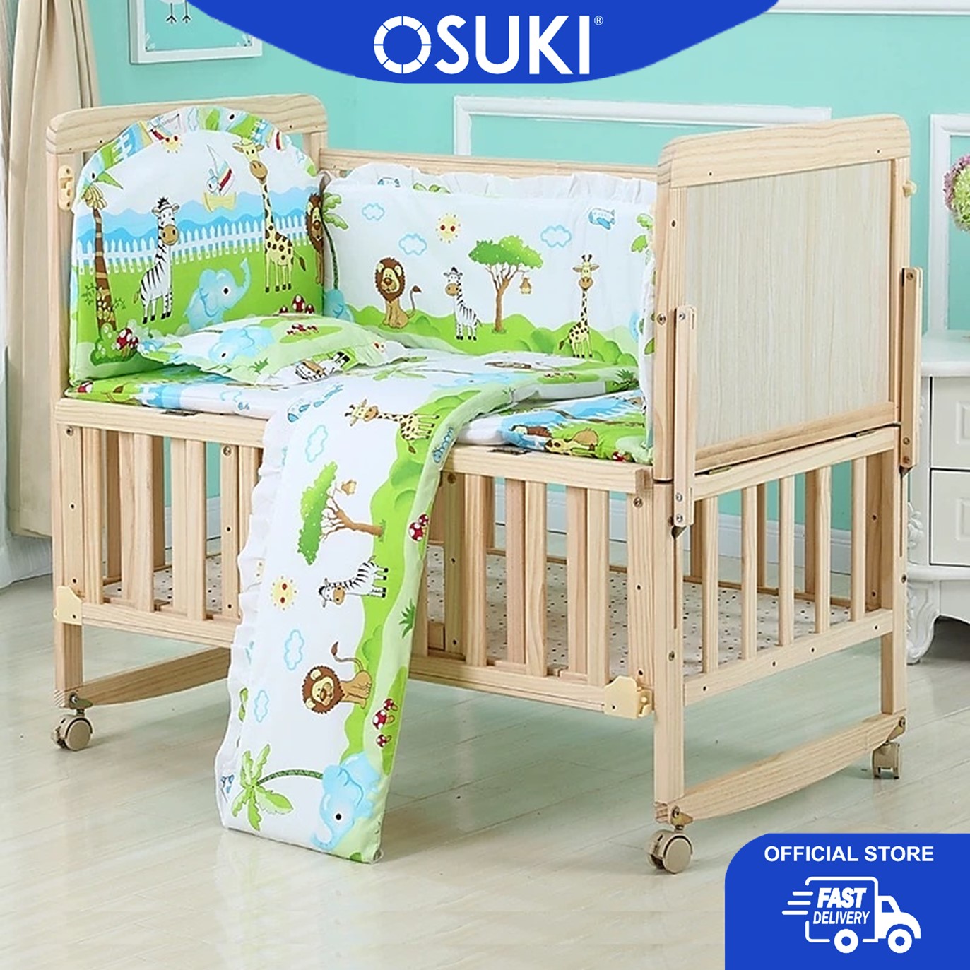 OSUKI 3 Level Baby Cot Extendable Attached Parent Bed + Bedding Bump